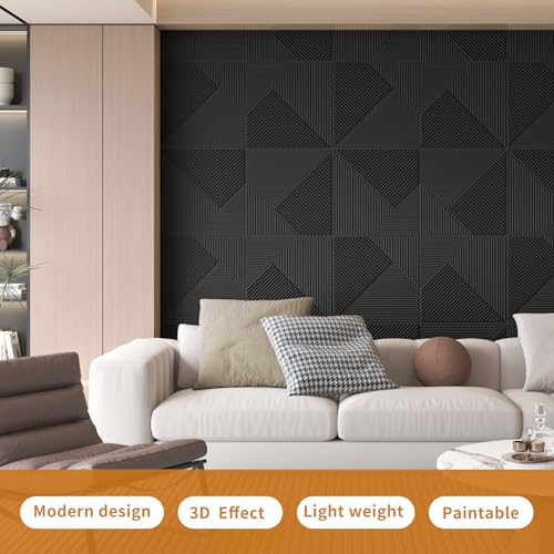 WOWSTAR 12-Pack 3D Wall Panels 19.7" x 19.7", Black Slat Wall Panels for Living Room Wall Decor, Modern Black Wall Covering for Home & Office by WOWSTAR - Image 2