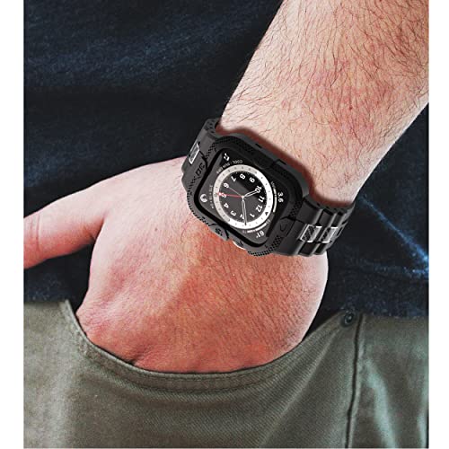 Gelishi Compatible For Apple Watch Band 45Mm 44Mm 42Mm Case Bumper, Rugged Men Bands With Carbon Fiber Pieces For Watch Series 8 7 6 Se 5 4 3 2, Tpu Military Band Sport Protective Case, Black #TOP7