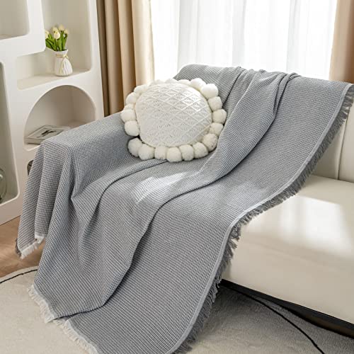 LHGOGO Waffel Sofa Überwurfdecke 180x300cm Große 3 Sitzer Sofaüberwurf Vielseitige Wohndecke als Sofadecke, Couch Überwürf, Sofa Überzug und Tagesdecke mit Deko Quasten - Hellgrau