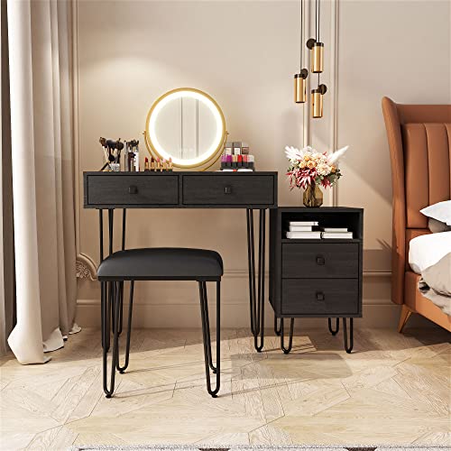 Avzear Dressing Table, Vanity Table With Lighted Mirror Makeup Dressing Table With Large Drawer And 4-Drawer Chest, 3-Color Touch Screen Dimmable Mirror With Cushioned Stool (Black) #TOP1