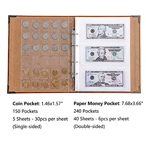 Currency Coin Album (150 Pockets Coin & 240 Pockets Banknote), Paper Money Collection Large Storage Book Supplies Holder Binder - Thumbnail 2
