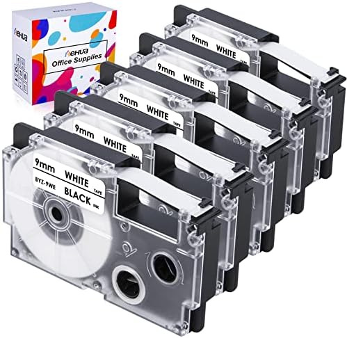 Hehua 5 Pack Compatible Label Tape Replacement for Casio XR-9WE XR9WE XR-9WE2S 9mm Labeling Tape 3/8 Black-on-White Tape Cassette for EZ-Label Printer KL-60 KL-100 KL-120 KL-430 KL-750 KL-780 KL-7200