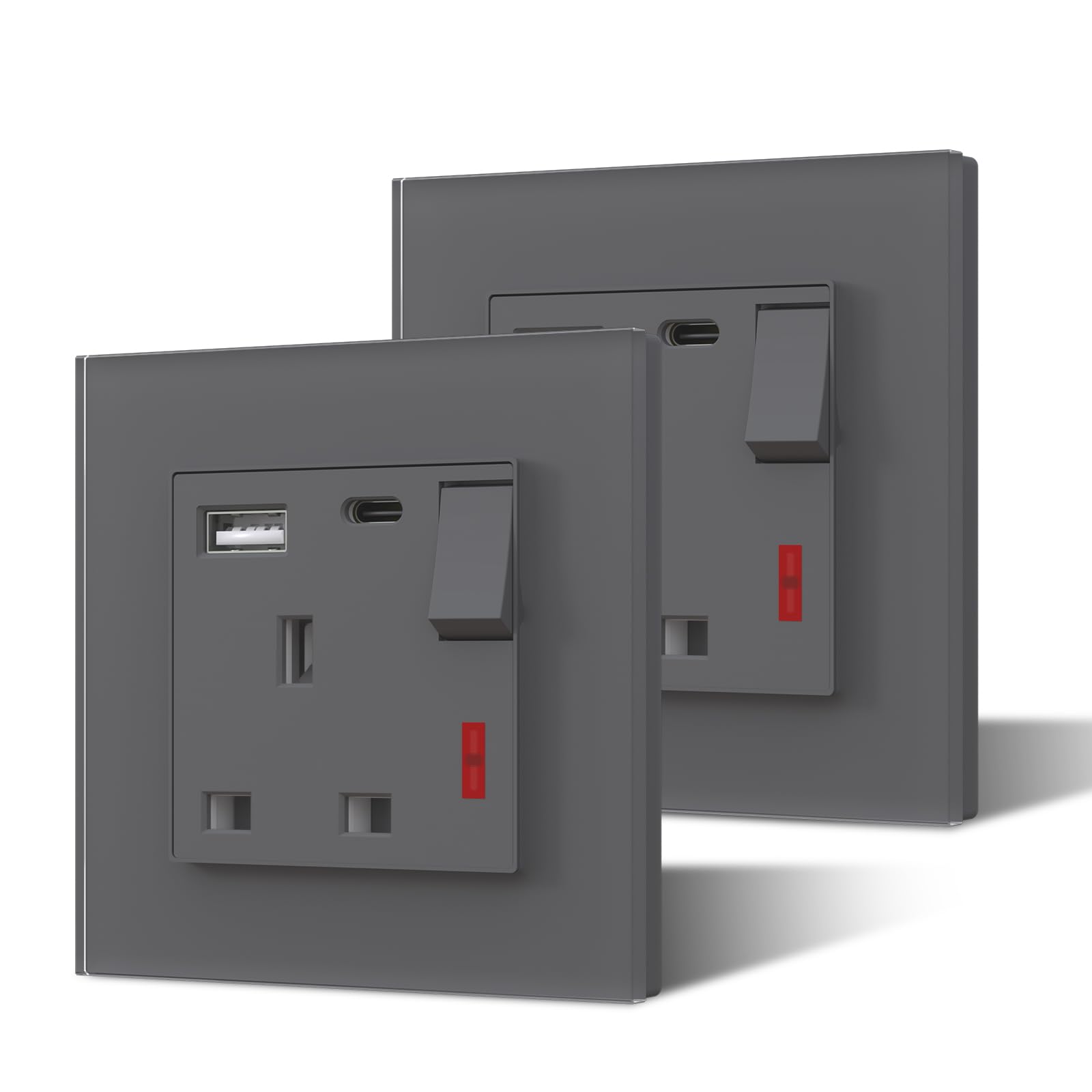 BSEED Single Plug Socket with USB C and USB A,Glass Switched Socket,UK Standard Electric Power Sockets,13A Wall Socket,Save Space,1 Gang-2 Pack,86mm Grey