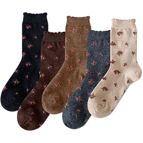 Image of IIG 5 Pairs Women's Vintage Style Thick Wool Warm Winter Crew Socks