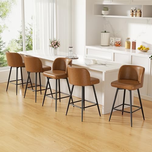 Image of Swivel Bar Stools Set of 5, 26 inch Counter Height Bar Stools with High Back and Metal Legs, Faux Leather Bar Chairs, Modern Barstools for Kitchen Island, Caramel