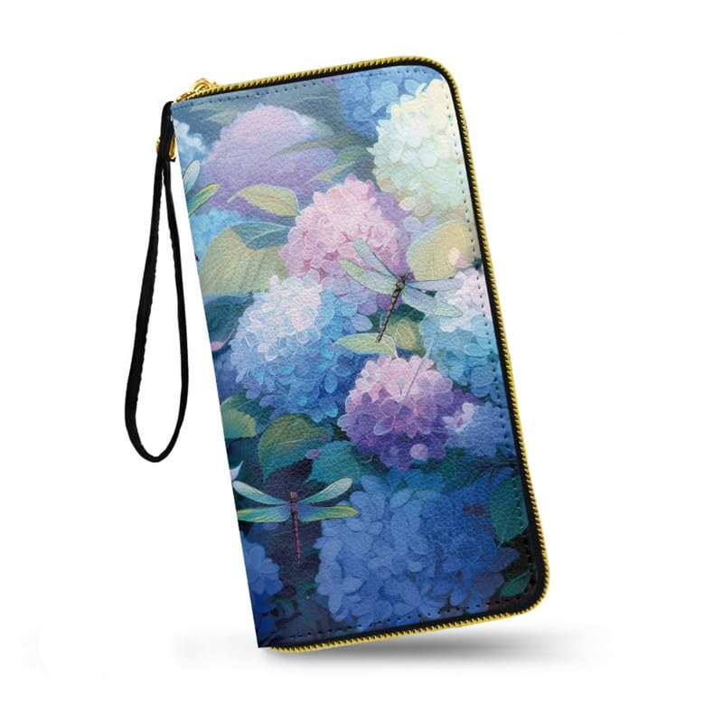 Hydrangea Flowers Wallets PU Leather Slim Wallet for Women, Dragonfly Floral Cards Holder Organizer Purse Handbags, Zipper Pocket for Coins