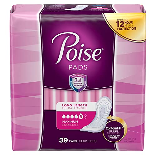 Poise Incontinence Pads, Maximum Absorbency, Long, (Packaging May Vary) 39 Count (Pack of 4)