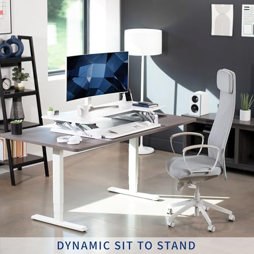 Image of VIVO White 48 inch Standing Desk Converter, DESK-V048VW | Extra Large, Height Adjustable, Stand Up Desk Riser, Wide Keyboard Tray, Dual Monitor and Laptop Workstation, V Series