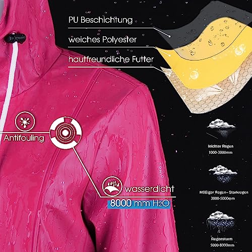 rhythm of the rain Regenjacke Damen mit Warm gefüttert Winterjacke Damen wasserdicht PU Regenmantel Friesennerz übergangsjacke mit Kapuze Rose 44