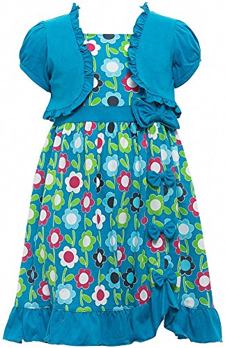 Image of ToBeInStyle Girls Two Piece Short Sleeve Dress and Matching Bolero Crop Cardigan Assorted Prints Cotton Blend Summer Outfit