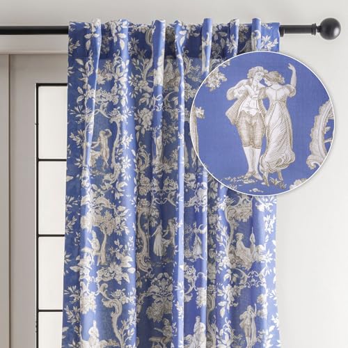 Image of Maison d' Hermine Curtains for Living Room 100% Cotton 50 inchx96 inch (Pack of 1) | 96 inches long Light Filtering Toile Curtains for Windows with Rod and Loop Pockets - Joli Jouy - Blue