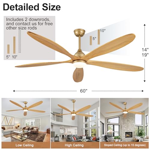 Image of Dimmable 60 Inch Large Outdoor Ceiling Fan with Light and Remote, Wood Big Ceiling Fans with Lights and Remote Gold 5 Blade Outdoor Ceiling Fans for Patios Bedroom Living Room, 6 Speed DC Motor