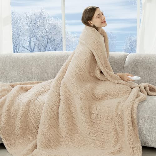 Electric Blanket Twin 62"X84"- Soft Double Sided Sherpa Heated Blanket Twin with 5 Heatings Levels & 10 hrs Auto Shut Off, Fast Heating & ETL Certified, Gift for Women(Beige)