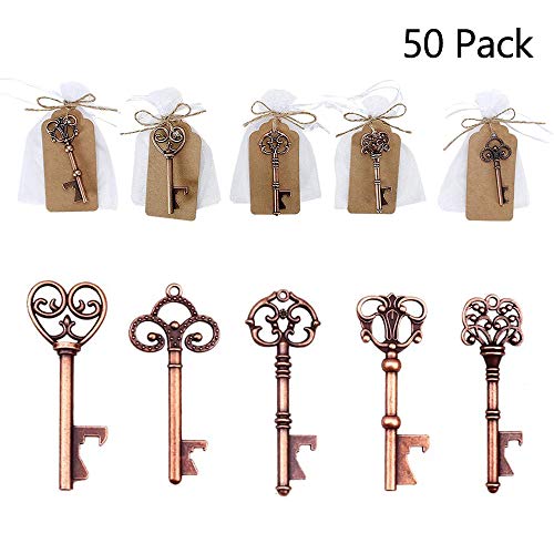 Vibury 50 pièces Ouvre-Bouteille De Clé Vintage, étiquettes Cadeaux en Papier Kraft et de la Ficelle pour des faveurs de Mariage Décoration 5 Motifs