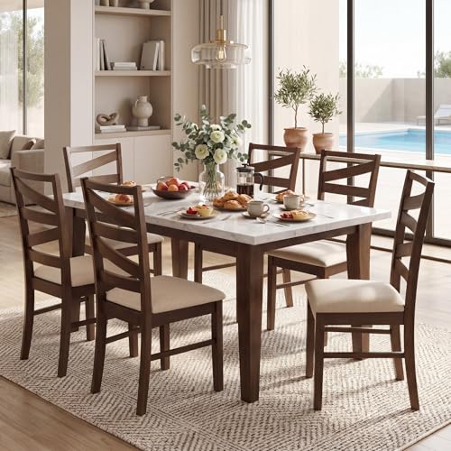 Image of COSTWAY Wooden Dining Chairs Set of 2, Farmhouse Kitchen Side Chair with High Back, Fabric Padded Seat, Armless Chairs for Dining Room, Living Room, Home Kitchen, Restaurant (Brown & Beige)