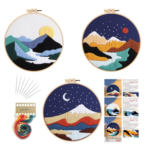 Image of GLTAYLMY 3 Set Landscape Embroidery Kits for Beginners with Mountain Sun Moon Pattern,Adults Starter Cross Stitch Kit DIY Needlepoint Kits