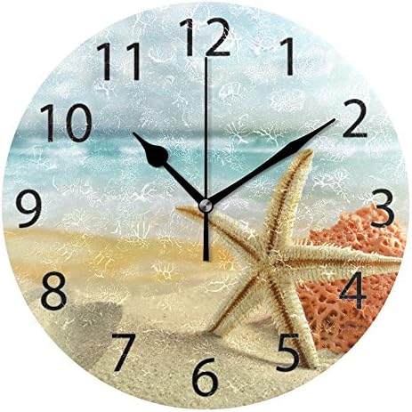 ALAZA Beach Seashell Starfish Round Wall Clock, Silent Non Ticking Oil Painting Home Office School Decorative Clock Art