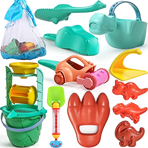 burgkidz Kids Beach Toys Sand Toys Set, Dinosaur Theme Beach Toys, Toddlers Sand Water Wheel, Beach Molds, Beach Bucket Shovel Tool Kit, Sandbox Toys for Kids, Outdoor Toys for Toddlers Age 3 4 5 6