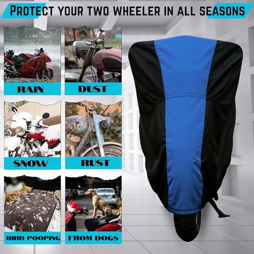 Image of All Weather Protection Two Wheeler Cover for Yamaha Aerox 155, Scooter & Scooty | Anti Dust, 100% Water Resistance, Heat Resistant, UV Proof - Triple Stitched | (Black Top Royal Blue)