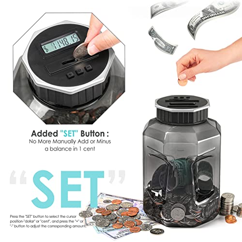 X-Large Piggy Bank for Adults Kids, Vcertcpl Digital Coin Counting Bank with LCD Counter, 2.4L Capacity, Great Coin Counter Bank Money Counting Jar with Total Amount Displayed, Bank for All US Coins - Thumbnail 7