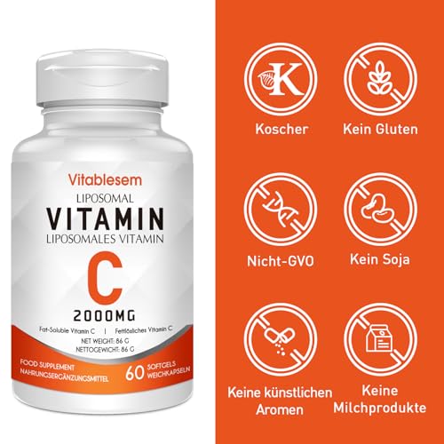 Liposomale Vitamin C Kapseln 2000 mg - Hochdosiert Glutenfrei & Ascorbinsäure - Immununterstützendes Antioxidans - Non-GMO