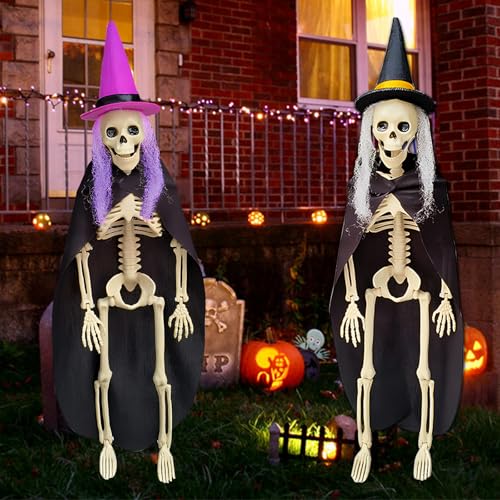 Pomefar Halloween Decoration, 2PCS Halloween Full Body Skeleton with Witch Hat and Cloak, Movable Joints Skeleton for Halloween Indoor Outdoor Decor