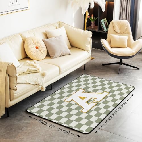 Image of Erosebridal Sage Green Checkered Area Rug 5x7 Plaid Initial A Rug for Bedroom Living Room Personalized Monogram Carpet Decor Fashion Grids Gingham Indoor Floor Mat Non Slip