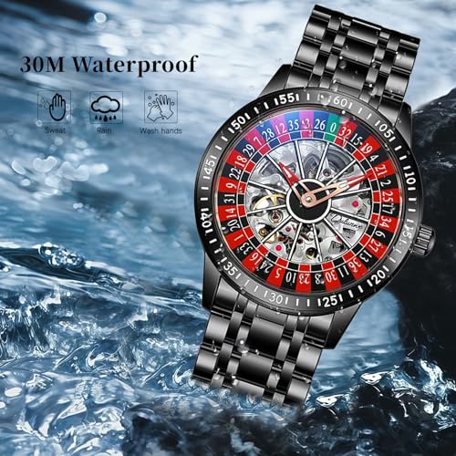 CARLIEN Mens Gambling Automatic Mechanical Skeleton Hollow Waterproof Luminous Watch Stainless Steel Band Self Winding Roulette Wheel Business Casual Wristwatch (Black) by CARLIEN - Used condition - Image 6