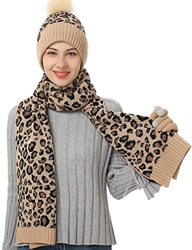 Juego de regalo cálido de invierno, bufanda, sombrero y guantes, gorro de lana cálida con estampado de leopardo clásico y guantes de pantalla táctil tres en uno, beige, L Cover