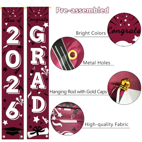 Image of Graduation Porch Banner Class Sign Congrats Grad Hanging Flags High School College University Party Decoration For Front Door Outdoor Maroon