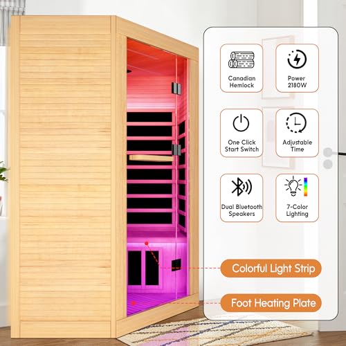 Image of OUTEXER 2-3 Person Sauna Corner Sauna Far Infrared Saunas Room Home Canadian Hemlock Indoor 2100W Low-EMF Dry Saunas with 7 Color Therapy 47.2 * 47.2 * 74.8inch