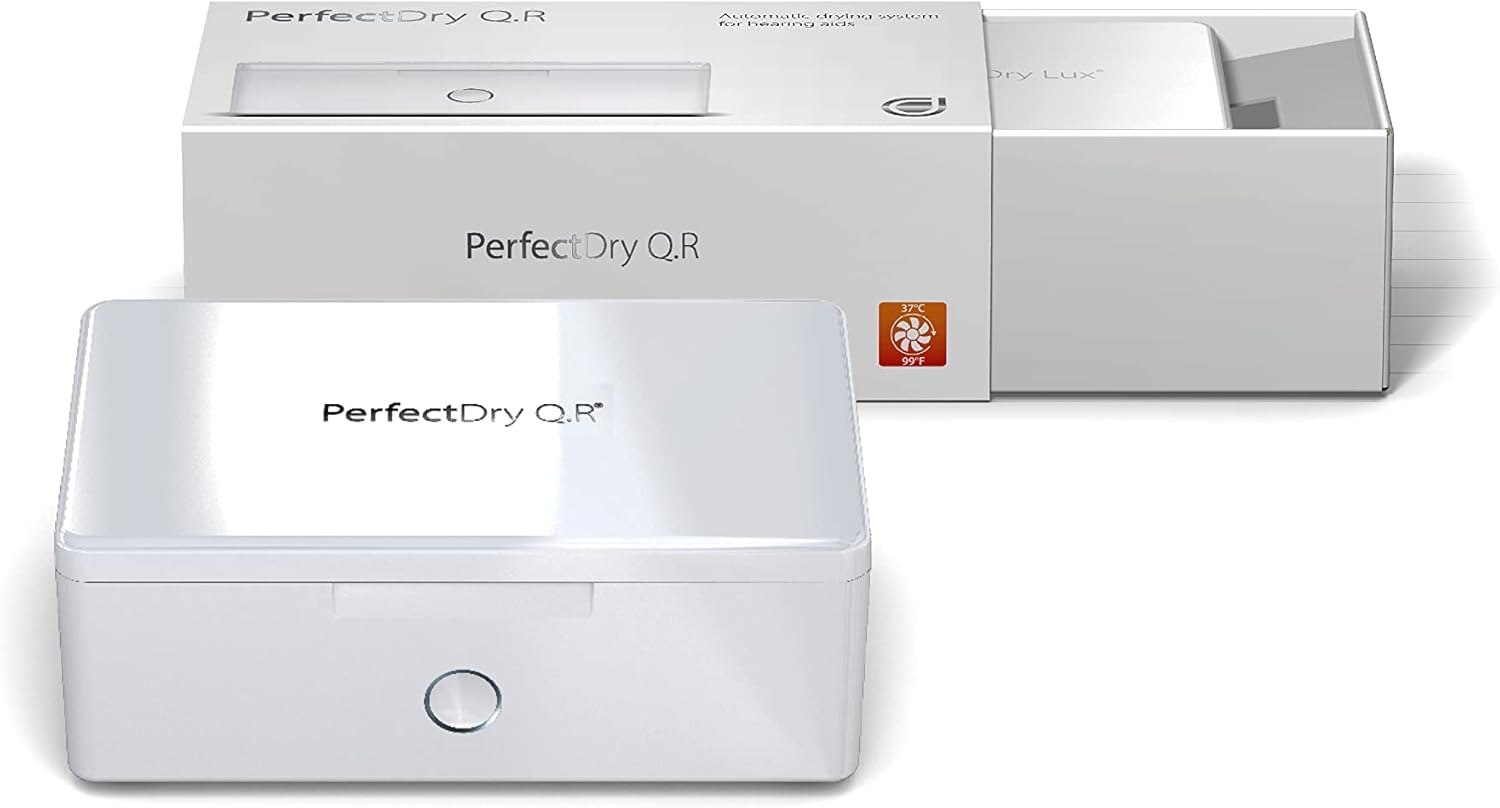 Audinell PerfectDry Q.R. - Caja de secado electrónico para audífonos - Rápido 45 min - Con ventilador - Deshumidificador y caja de secado del audífono - Elimina el sudor y