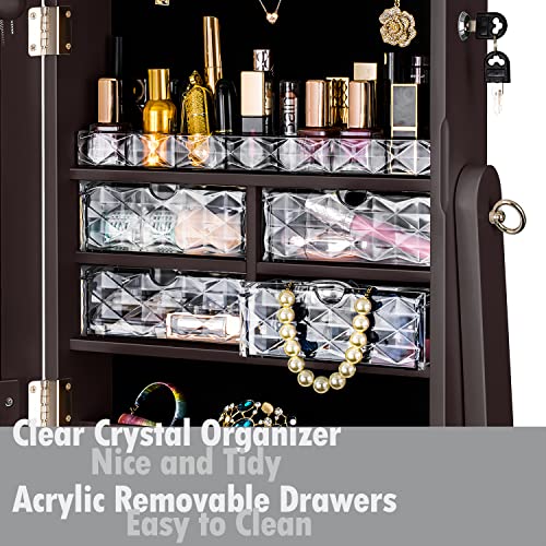 Yokukina Led Jewelry Cabinet Armoire, Large Storage Lockable Organizer With Frameless Free Standing Dressing Mirror (Brown) #TOP2
