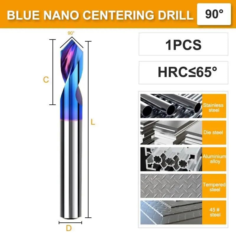 Broca de centrado acero tungsteno con recubrimiento nano azul HRC65, 60/90/120, biseladora central CNC, posición poro abierto(90-Degree,12x12Dx75L)