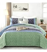 Green Striped Quilt Set King Size, 1 Lightweight Reversible Quilt 90 × 104 inch and 2 Pillow Sham...