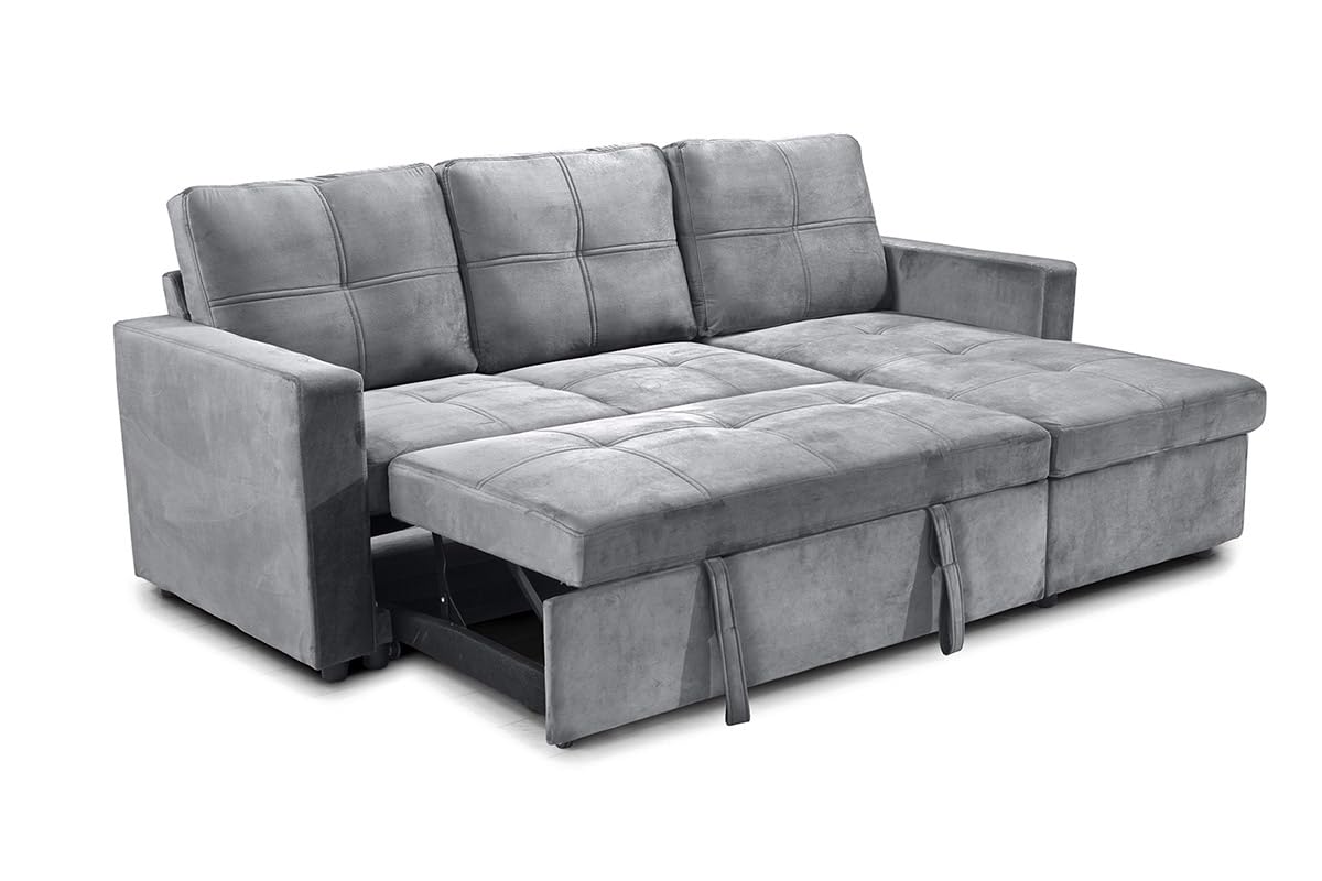 Sofá Cama Chaise Longue BOGA 3 Plazas Gris Terciopelo 215 x 135 cm - Cheslong Reversible con Arcón y Almacenamiento - Sistema de Arrastre - Tapizado Suave - Armazón Pino Macizo - Salón