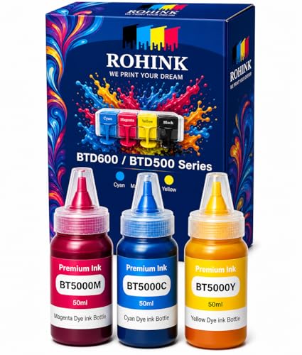 Image of ROHINK Premium Dye Ink Bottles for Brother Printers, T220, T300, T310, T420, T500, T520, T820, T920, T510, T910, T710, T4500W, T800W, T710W - Printer (BTD 5000 CMY Pack of 3)