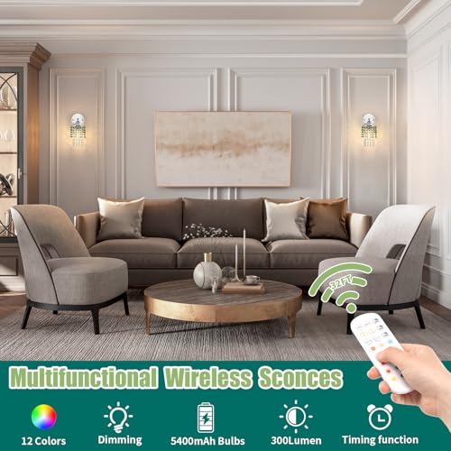 Image of Shenmoyl Set of 2 Crystal Battery Operated Wall Sconce,Rechargeable Wall Lamp with 5400mAh Battery & Remote Control, Modern Dimmable Wireless Wall Lights for Bedroom Bathroom (Green, Silver Base)