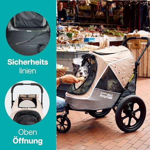 Hundebuggy und Fahrradanhänger für Hunde - Innopet Sporty Evolution Latte 2-in-1 - Beige/Grau - Reflektoren & Sicherheitsleinen - Hundewagen für alle Untergründe