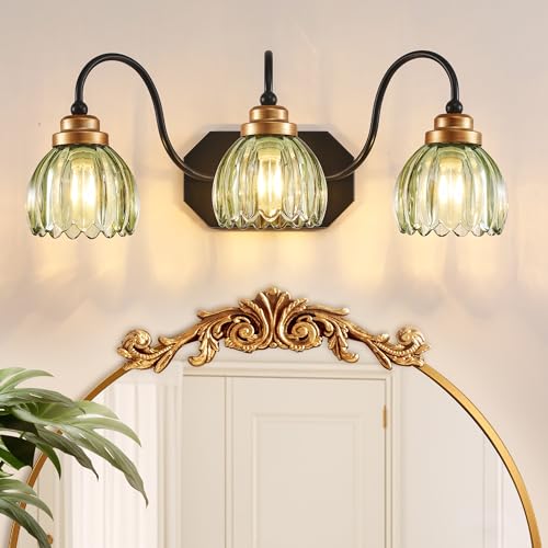 Image of Vintage Gold Bathroom Light Fixtures,3 Light Green Tulip Crystal | Brushed Gold Vanity Lights,Matte Antique Brass Finish, Mid Century Style,Wall Sconces for Bedroom,Hallway,Easy to Install