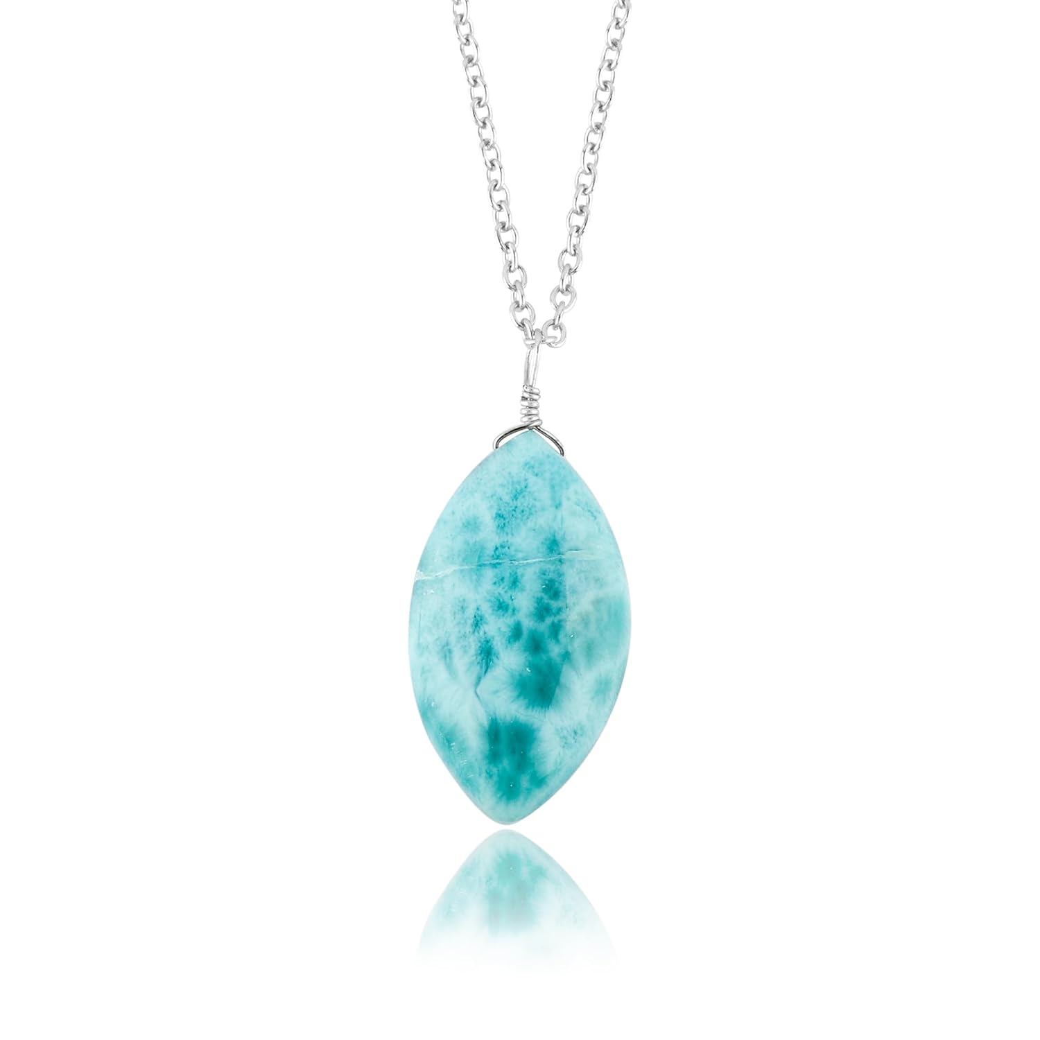 CRYSTALIS Natural Larimar Pectolite Gemstone Pendant Necklace, High Grade Polished Marquise Crystal, Chakra, Healing Cabochon, Gift Giving Women Jewelry, Dainty 925 Sterling Silver Chain 18inch