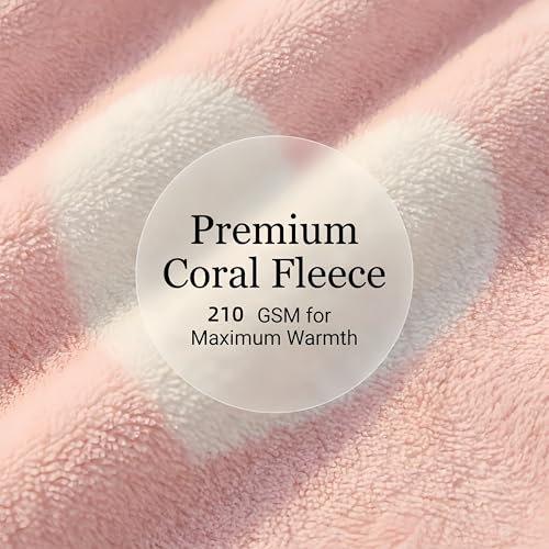 HYGLuosie Women's Ultra Soft Coral Fleece Bathrobe with Pockets, Lightweight Loungewear, Plush Robe with White Heart Design, Cute Pink (Large)