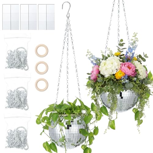 Novabright 2 Pcs 6 Self Watering Disco Ball Planters Mirror Disco Ball Hanging Planter Flower Pots with Chain and Rope Wood Hook for Stand for Desk and Extra Mirror Pieces Gifts for Plant Lover