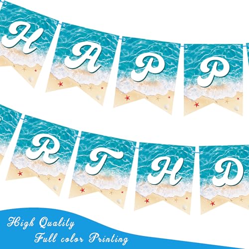Ocean Beach Happy Birthday Banner 2-Piece Pre-Strung Summer Beach Birthday Party Decoration Blue Wave Cutout Banners for Pool Under The Sea Party Supplies - image 4