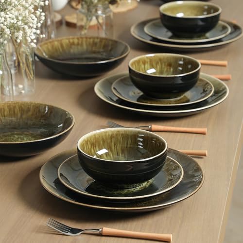 Image of Stone Lain Riley 32-Piece Dinnerware Set Stoneware, Plates and Bowls Set, Dishwasher and Microwave Safe, Dish Set for 8, Black and Green