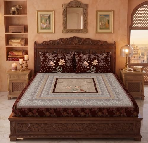 Image of VAS COLLECTIONS 240 TC Cotton King Size Fitted Bedsheet, Premium Soft Breathable Stretchable Mattress Sheet, Skin Friendly Durable Printed Bed Cover for Double Bed, 72 x 78 + 10 Inches - Deep Chestnut