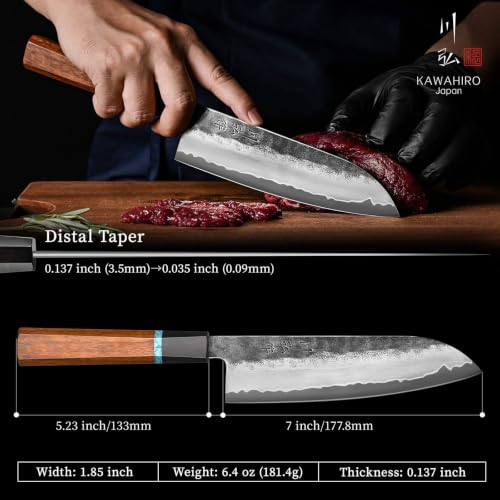KAWAHIRO 7 Inch Japanese Santoku Knife, Hand Forged VG10 Chef Knife — view 3