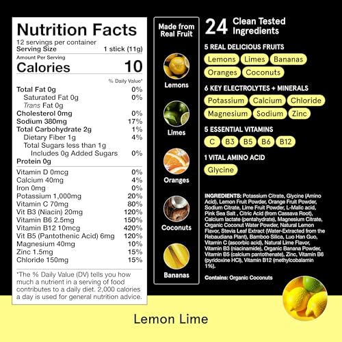 Image of DryWater Electrolyte + Vitamin Hydration Powder Packets - Lemon Lime, 1,000mg Potassium, Real Organic Fruit, NSF Certified for Sport, Nothing Artificial, No Added Sugar (12 Stick Packs)