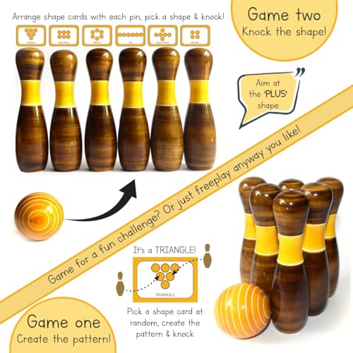 Image of Wooden Bowling Set for Kids (2-5 Years) - 6 Pins, Ball & Shape Cards with Bag | Indoor & Outdoor Bowling Game for Kids | Toddler Toy for 2, 3, 4 & 5 Year Old Boys & Girls (Classic)