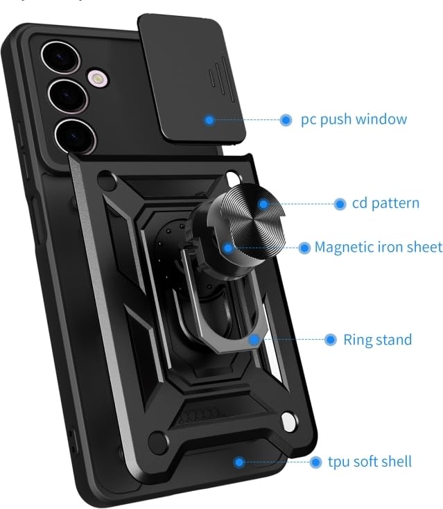 Image of Designerz hub Samsung Galaxy A26 5G Back Cover | Heavy Duty Hybrid Case with 360 Degree Rotating Finger Ring Holder + Slider Shutter Camera Protection Case for Samsung Galaxy A26 5G - Black